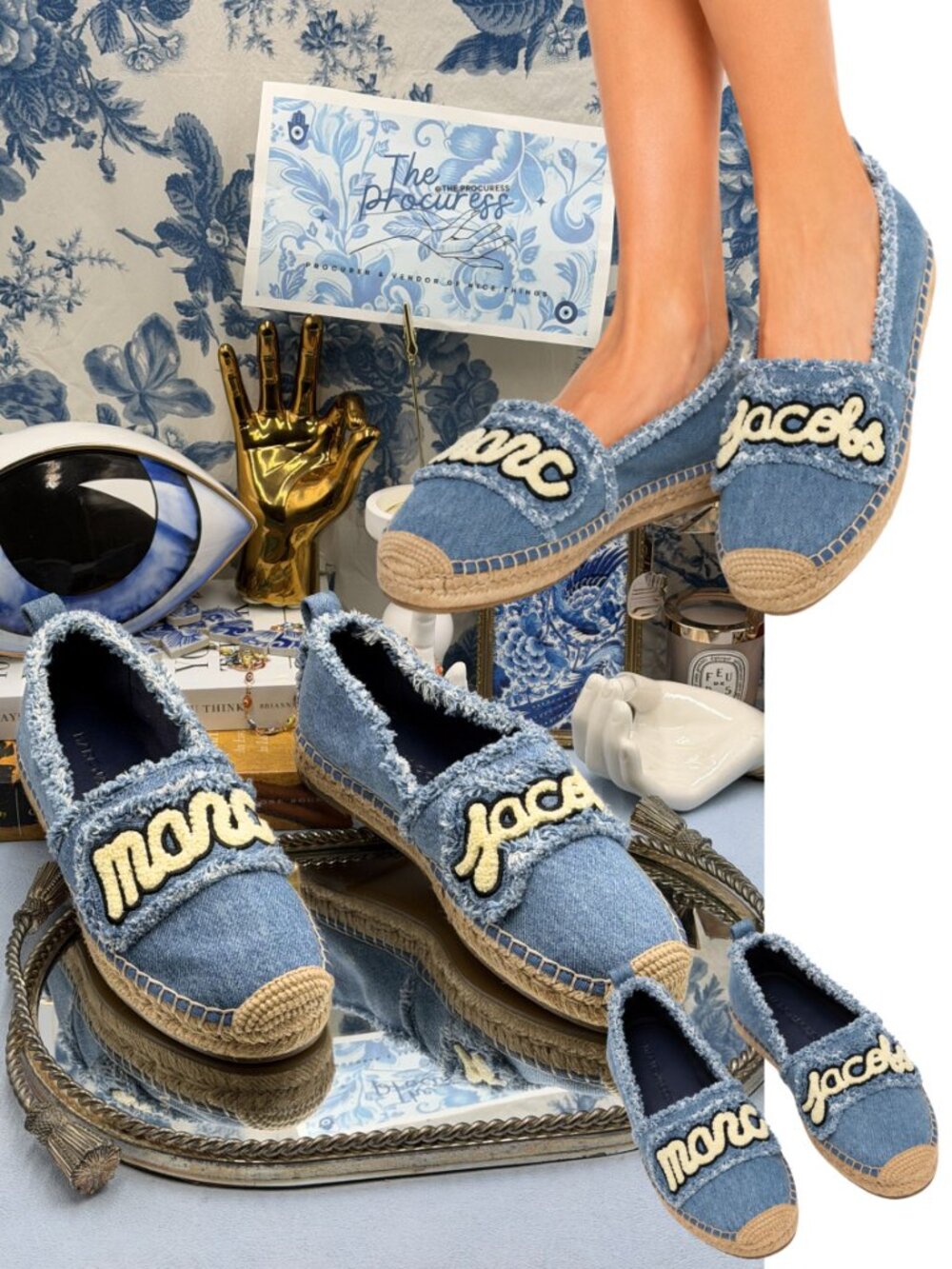 🆕 MARC JACOBS 🧿 NWOB The Marc Frayed Embroidered Logo Espadrille, Denim - Sz 7